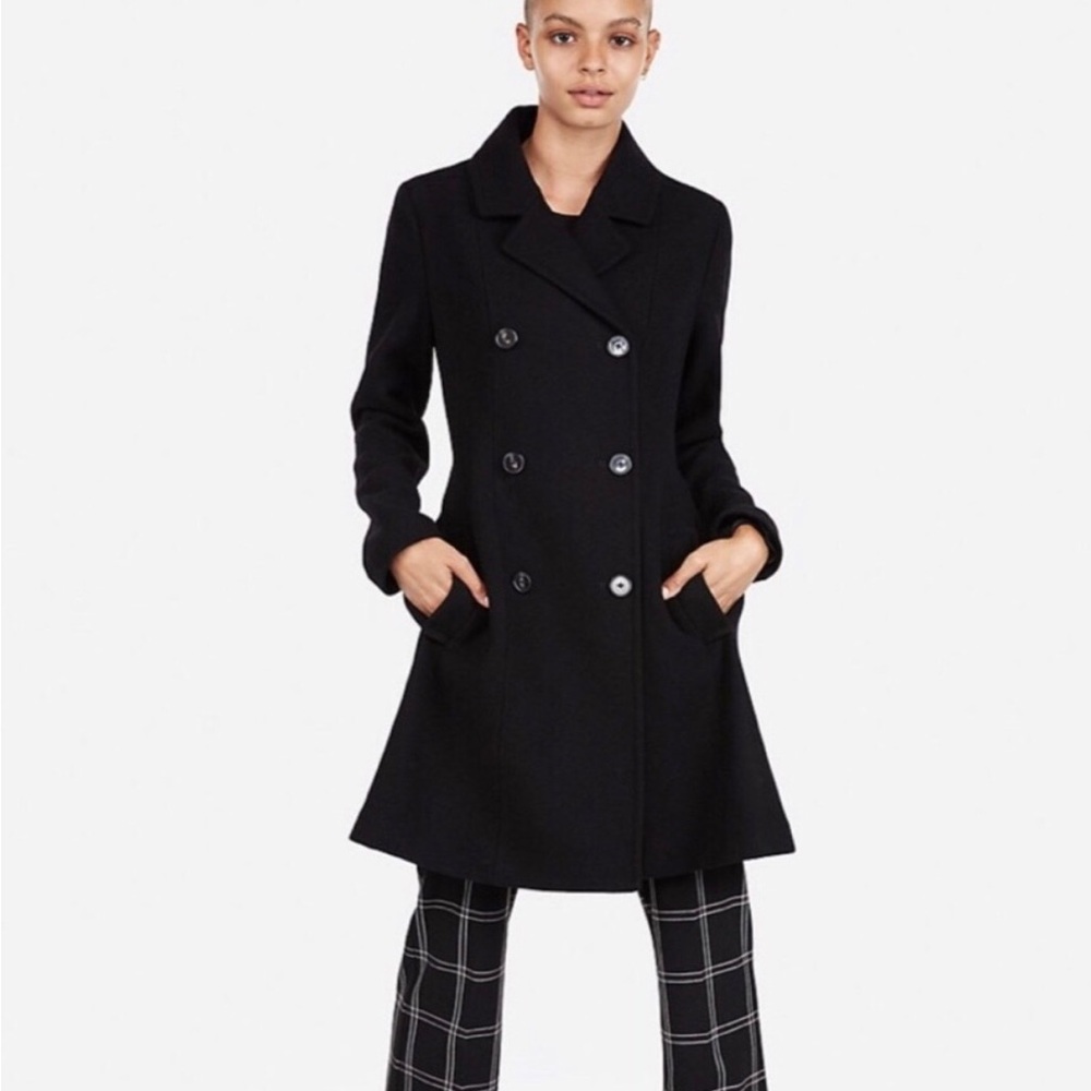 🔲VINTAGE Express Elegant Black Double-Breasted 100% Wool Maxi Long Coat